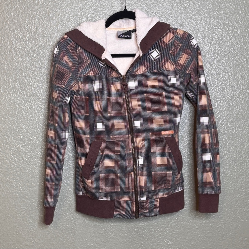 Volcom Women's Brown and Pink Plaid Bomber Jacket